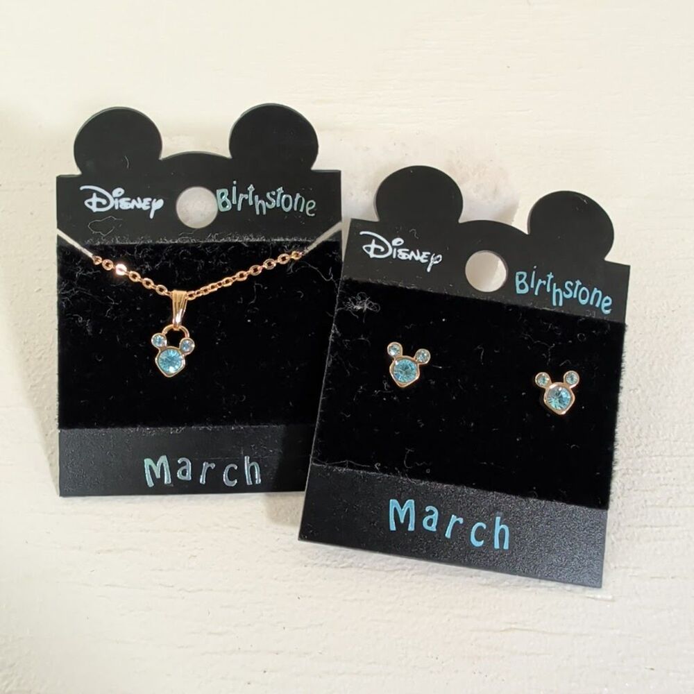 NWT Disney Parks Mickey Mouse March Birthstone Necklace Earring Set Blue Crystal